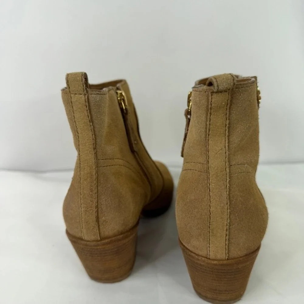 Tory Burch Sabe Tan Suede Ankle Boots Leather Sole Block Heel Brazil 7.5M‎